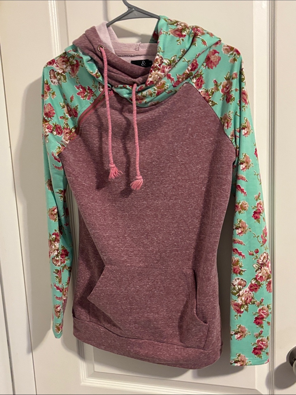 AMPERSAND AVE Mauve Cowl Neck Hoodie with Mint Floral Sleeves
